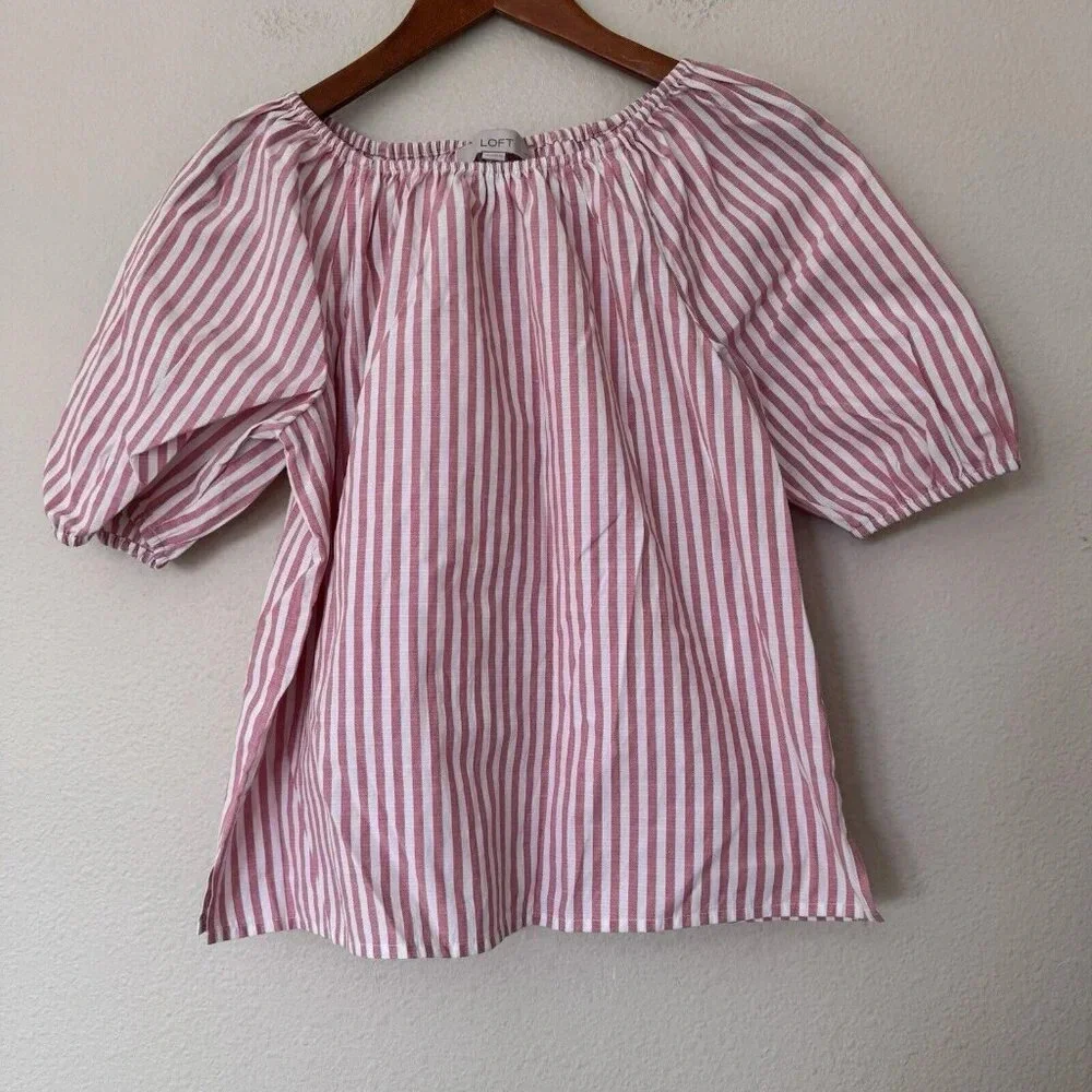 LOFT Off The Shoulder Puff Short Sleeve Blouse Top Striped Pink White Small P